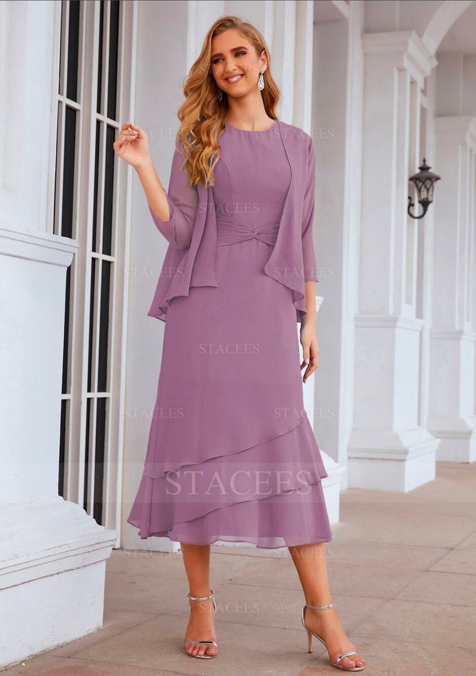 NWT STACEES A-line Bateau Tea-Length Chiffon Pleated Dress & Jacket Size 12